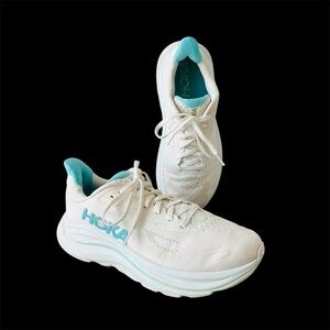 Hoka Clifton 10 Running Shoes White with Aqua blue detail women's 8 athletic